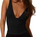 REORIA Women's Sexy Plunge Deep V Neck Sleeveless V Backless Tank Top Workout Yoga Crop Tops (Large, Black)