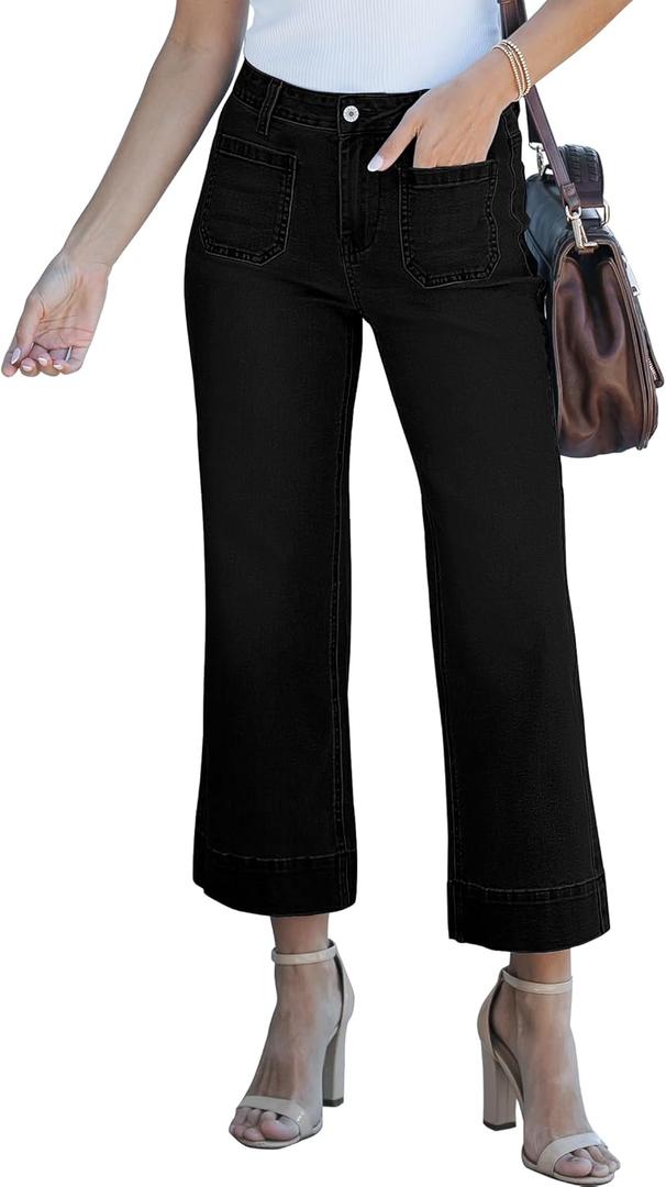 luvamia Wide Leg Jeans for Women Trendy High Waisted Flare Jeans Cropped Denim Pants Stretchy Baggy with Patch Pockets (X-Small, True Black)