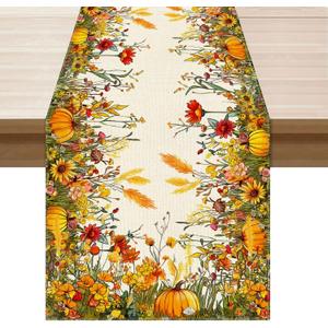 XCHI Fall Color Wild Flowers Pumpkin Table Runner Table Decoration for Kitchen Dining Dinner Autumn Home Decor 13x90 Inch