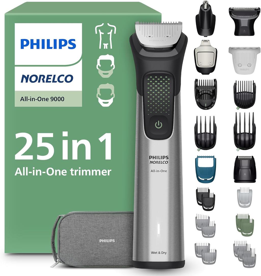Norelco Philips All-in-One 9000 Series 25-Piece Trimmer - Electric Shaver and Clipper for Face, Beard, Head & Body, Self-Sharpening Full Metal Blades, 27 Length Settings (0.5-20 mm), MG9580/40 (Steel)