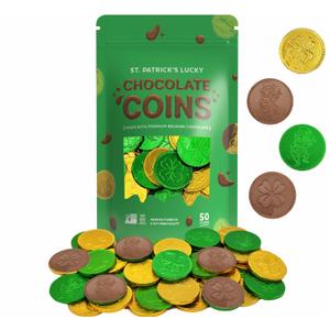 5 x St. Patrick's Day Milk Chocolate Green & Gold Coin, 50 Coins, Shamrock & Leprechaun Themed Coins, Parties, Events and Celebrations, Perfect for Gift Bags and Festive Decorations, 4.5g Milk Chocolate Coin (EXP 11/02/27)