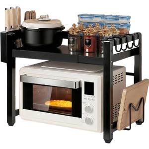 Adjustable Microwave Oven Rack, Microwave Stand Shelf Heavy Duty 2-Tier Shelf with Cutting Boards Stand Knife Rack and Chopstick Holder for Kitchen Shelves Counter Top Organizer, Holds 55lbs,6 Hooks