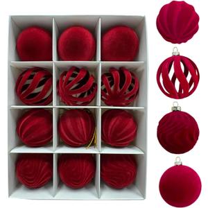 Velvet Christmas Balls, 24PCS Flocked Decoration Balls Ornaments Sets, Bulk Flocked Christmas Tree Ball Ornaments(2.2In) (Red)