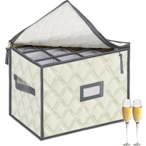 VERONLY China Storage Containers, Wine Glass Storage Box with Dividers, Holds 12 Champagne Flute Glasses up to 10" Tall, Stemware Storage Case, Durable Quilted Microfiber Bin with Carry Handles