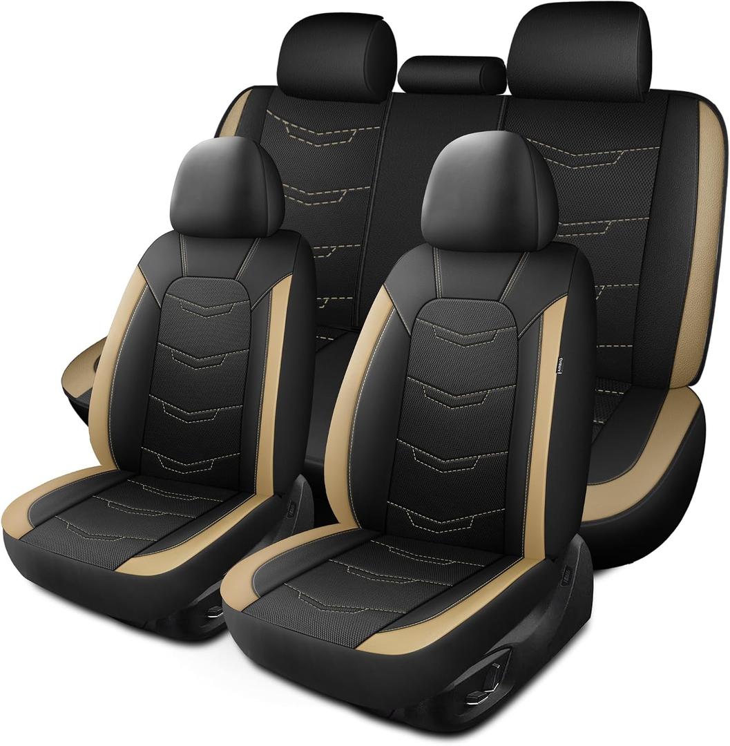 HChengkikz Seat Covers, Sport and Breathable Seat Covers, Anti-Slip Universal Fit Car Seat Covers Full Set for Cars Sedans SUV and Truck (Full Seat, Black+Beige, N2)