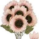 Large Silk Pink Sunflowers Artificial Flowers 26" Long Stem Artificial Sunflower 6 Pcs Tall Fake Sun Flowers Vintage Faux Sunflowers Bulk with Stem for Home Wedding Birthday Party Decor