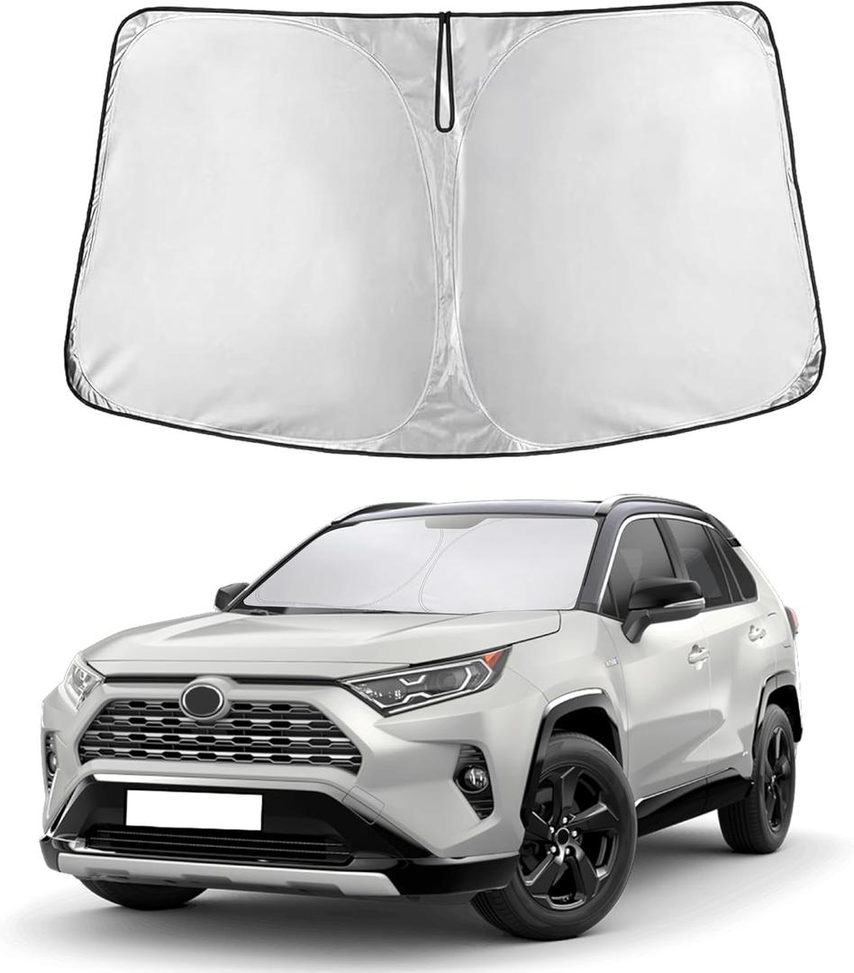 4-Layer Foldable Sun Shade Compatible with 2019-2025 Toyota RAV4 & RAV4 Prime, Thicker Front Window Windshield Sun Protector with Storage Pouch Reflective Polyester Blocks UV Rays and Heat