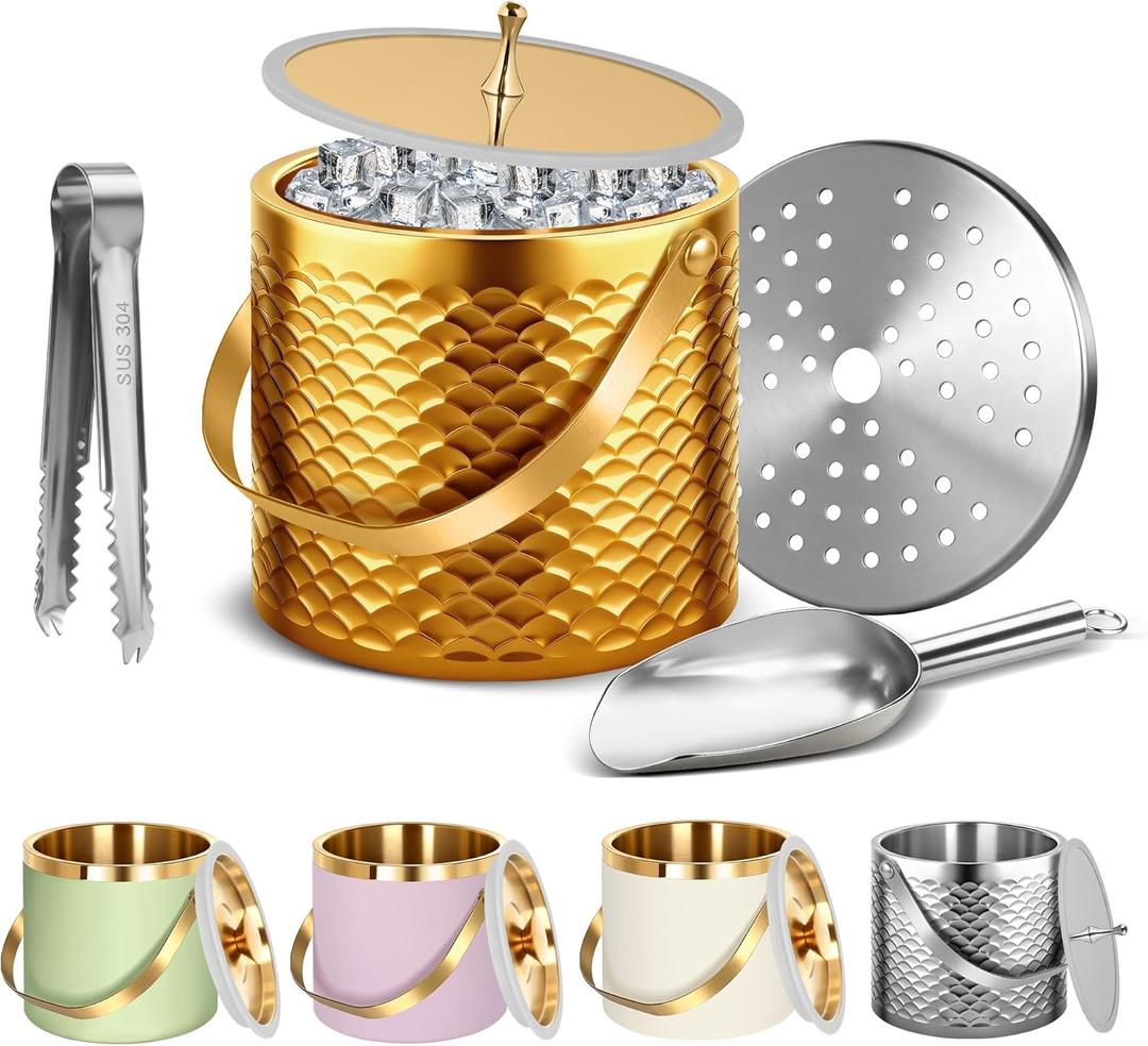 Ice Bucket, Ice Bucket with Silicone Sealing Ring Double-Wall Vacuum Insulation Champagne Buckets with Filter Layer Ice Tongs Ice Scoop (Scaled Gold, 3 L)
