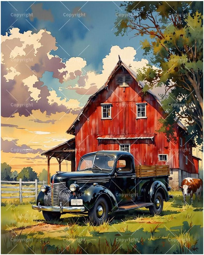 Farmhouse Paint by Numbers Kit for Adults - DIY Vintage Red Barn and Black Truck Painting on Canvas, Acrylic Paint Set, Suitable for Beginners, Art for Home Decoration or Gifts(16X20IN Framed)