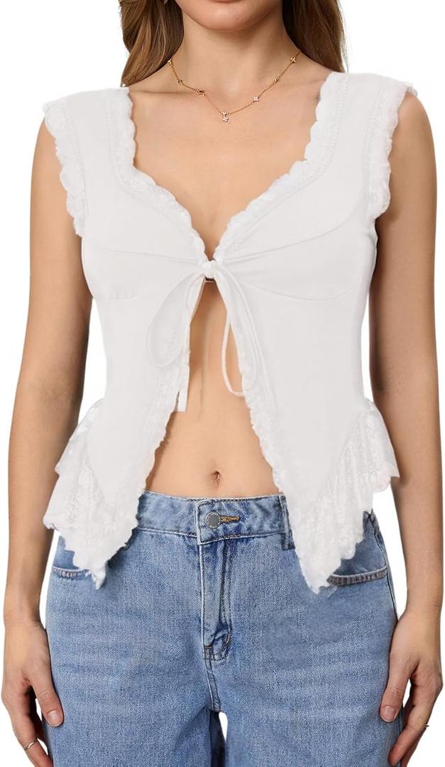 Milumia Women's Lace Trim Open Tie Front Tops Y2k Sleeveless Deep V Neck Going Out Tops (X-Large, All White)
