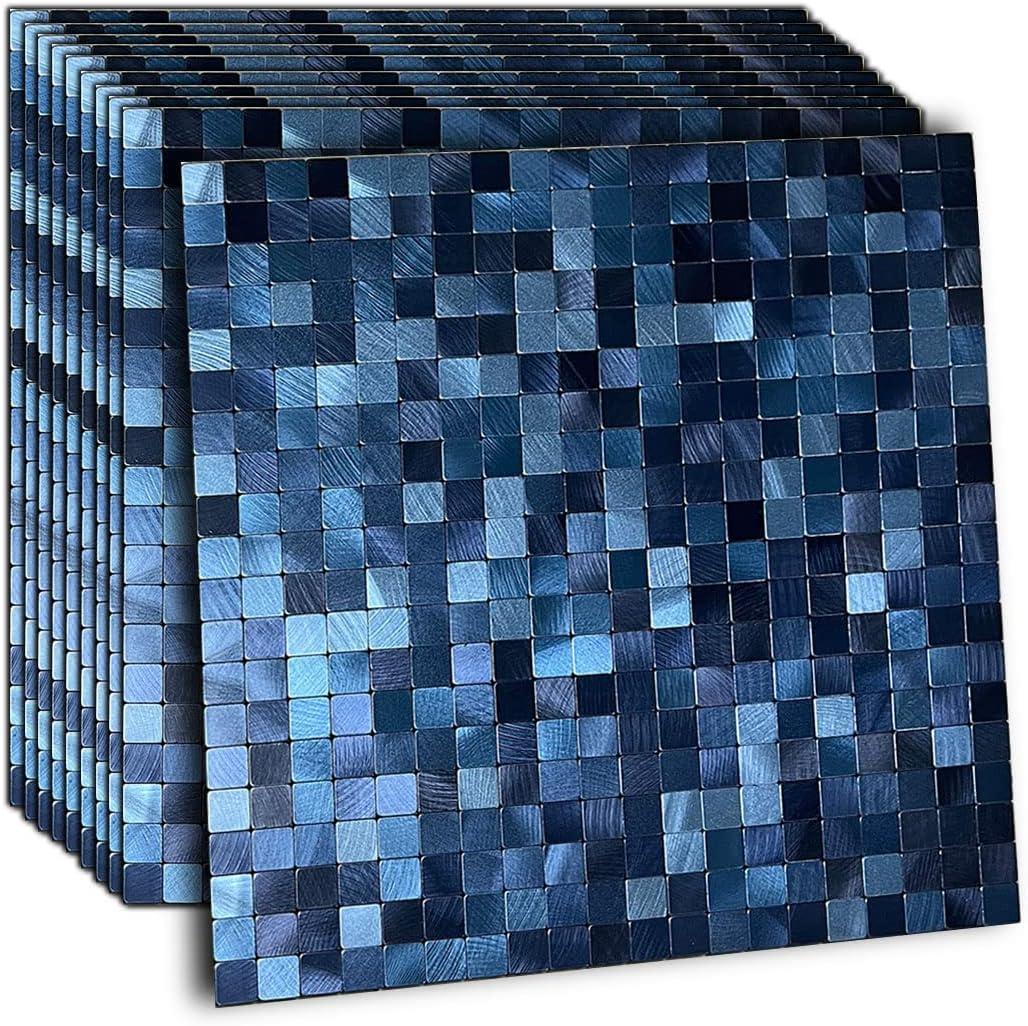 XUANINY 10-Sheet Peel and Stick Backsplash Tiles Dark Blue Surface Aluminum Mosaic Sticker for Kitchen (11.61"x11.61" Per Sheet, Pack of 5pcs) (Dark Blue 10)