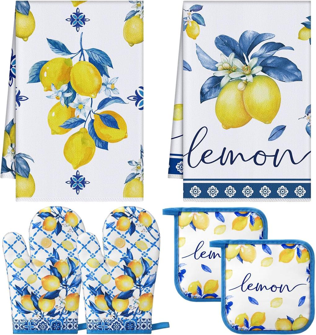 FoldTier 6 Pcs Capri Lemon Kitchen Decoration Set Blue Lemons Towels Pot Holders Oven Mitts Set Amalfi Coast Kitchen Accessories Mediterranean Housewarming Gifts for Summer Baking Cooking