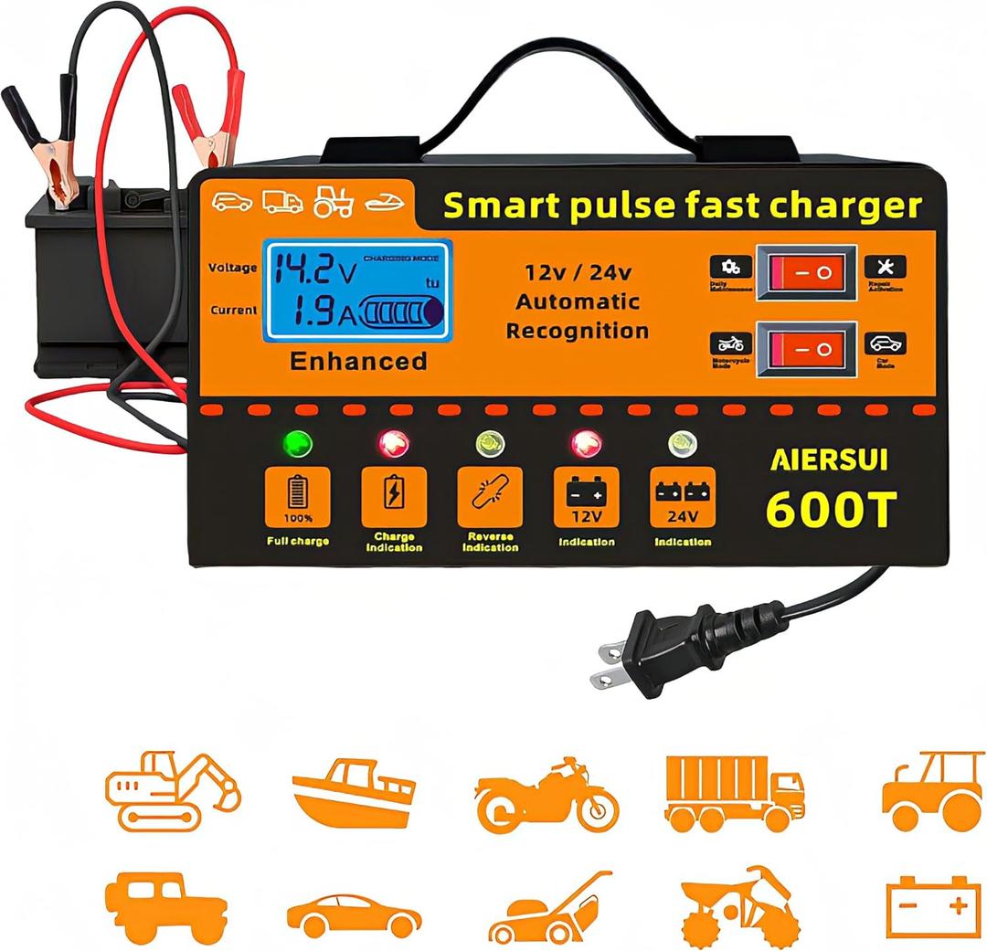 12V/24V Smart Battery Charger, 6AH~200AH Lithium ion Battery Charger, Automatic Battery MaintenancePulse Repair & Trickle Charger, Suitable for Motorcycles, Boats, Cars, Lawnmowers, etc.