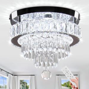 LEONTYNE 11.8 inch Modern Crystal Chandeliers Dimmable LED Ceiling Light Fixtures Stainless Steel Flush Mount Ceiling Chandelier Light for Bedroom Foyer Hallway Closet (Remote Control & App) (MC002-D-New)