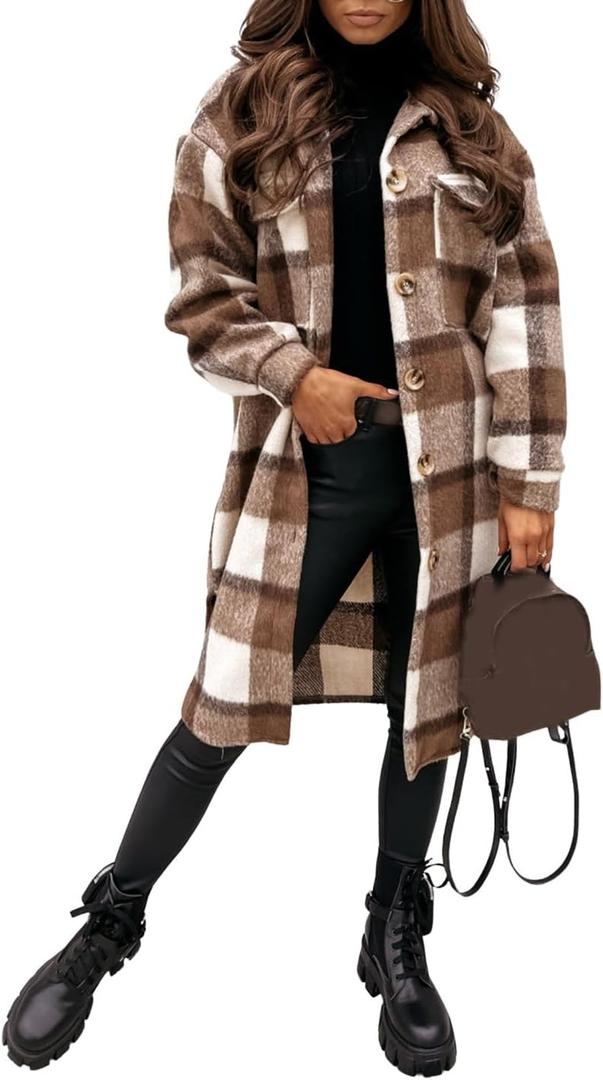 PUWEI Women's Long Flannel Plaid Jacket Shacket Cozy Lapel Button Down Shirt Jacket Fuzzy Trench Coat (Brown, M)