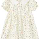 pureborn Baby Toddler Girl Woven Dress Short Sleeve Cotton Playwear Dresses 0-5T (2-3T, Cream Pink Blooms-b)
