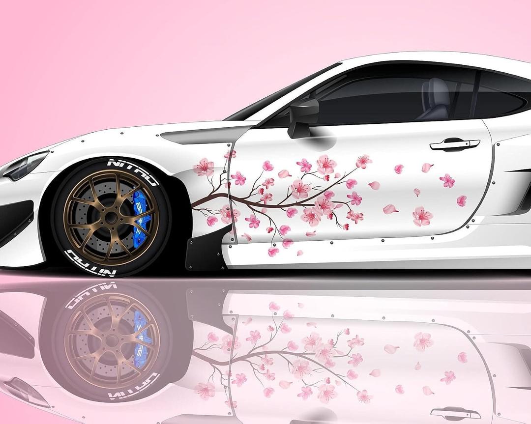 2-Piece Sakura Car Decal Set for Side Doors, Cherry Blossom Vinyl Graphics for Cars, SUVs, Trucks & Vans, Waterproof Fade-Resistant Floral Stickers, Left/Right Pair