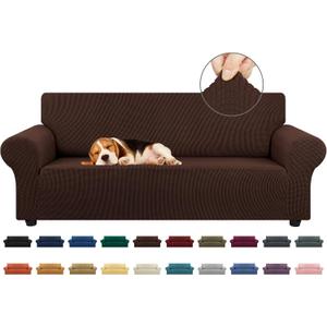 KEKUOU Stretch Sofa Cover Slipcover Couch Covers for 3 Cushion Couch Sofa pet Friendly (78"-94") Furniture Protector Sofa with Elastic Bottom for Kids,Dog, Jacquard Small Checked(Large,Chocolate)