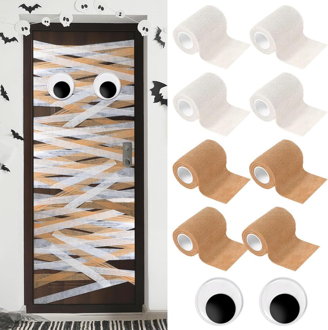 11 Pcs Halloween Mummy Door Decoration Set with Large Googly Eyes Cloth Bandage and Masking Tape for Halloween Party DIY Mummy Door Refrigerator Fireplace Cover (Classic)