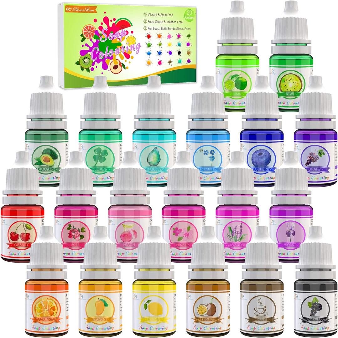 20 Color Bath Bomb Soap Dye - Liquid Food Grade Soap Coloring for DIY Soap Making, Slime Supplies, Handmade Bath Bombs - Vibrant Rainbow Skin Safe Bath Bomb Colorant for Bath Bomb Supplies Kit, Crafts (20Colors x 6ml)