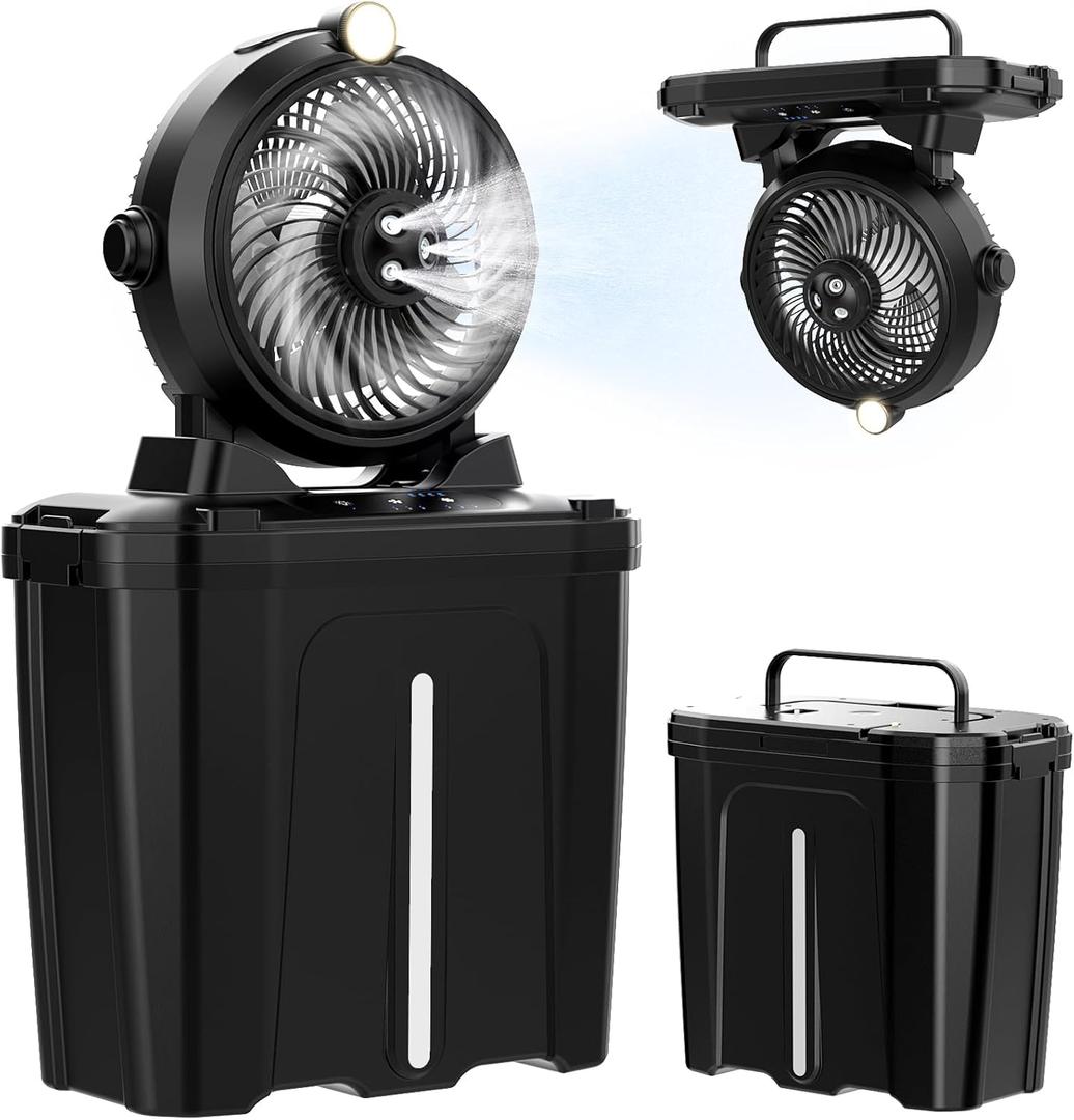 Portable Misting Fan with 11L Large Bucket, 20000mAh USB Rechargeable Battery Operated Camping Fans, 3 Large Spray Nozzles & 3 Strong Wind Speeds Misting Fan, Misting Fans for Outside