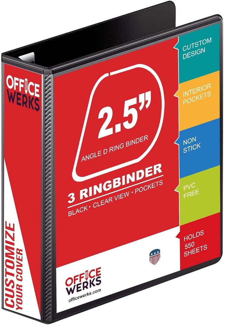 3 Ring Binder, 2.5" D-Ring, Holds 8.5" x 11" Pages, Heavy Duty Clear View Cover, Durable Spine (3.2"), Presentation Binder with Pockets  Black