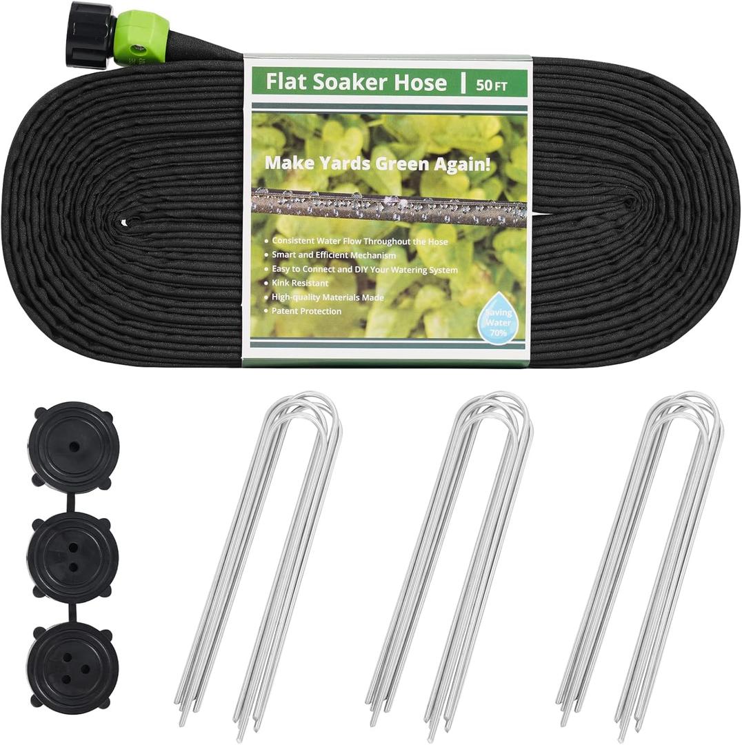 Flat Soaker Hoses 50 ft Save 70% Water, Leakproof Design Double Layer Drip Sprinkler Hose for Garden Bed