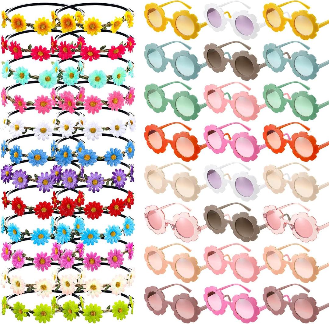 48 Pieces Groovy Retro Flower Sunglasses Headbands Party Favors Includes 24 Multicolor Lady Girl Flower Headbands 24 Round Hippie Sunglasses for Kids Hippie Themed Party Supplies