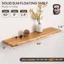 Live Edge Floating Shelf, 40 Inch Rustic Solid Elm Wood - Natural Wood Tone with Invisible Brackets, Wall Mounted for Living Room, Kitchen, Bathroom