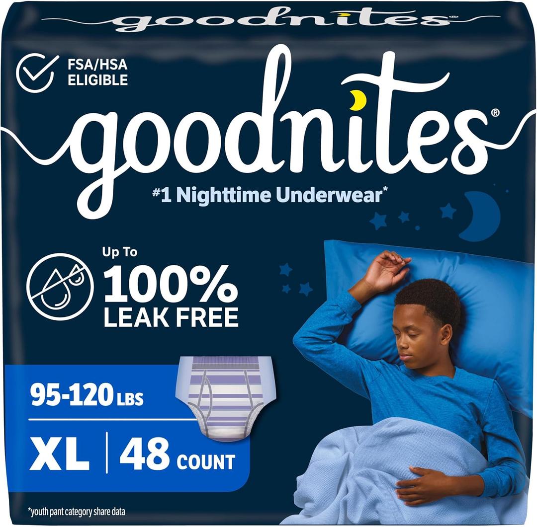 Goodnites Boys' Nighttime Bedwetting Underwear, Size Extra Large (95-120 lbs), 48 Ct (2 Packs of 24)