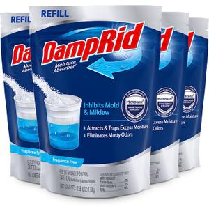 DampRid Refill Bag, 42 oz., 4-Pack - Fragrance Free Moisture Absorbers for Rooms with Excess Humidity, Long-Lasting, Inhibits Mold & Mildew (Blue)