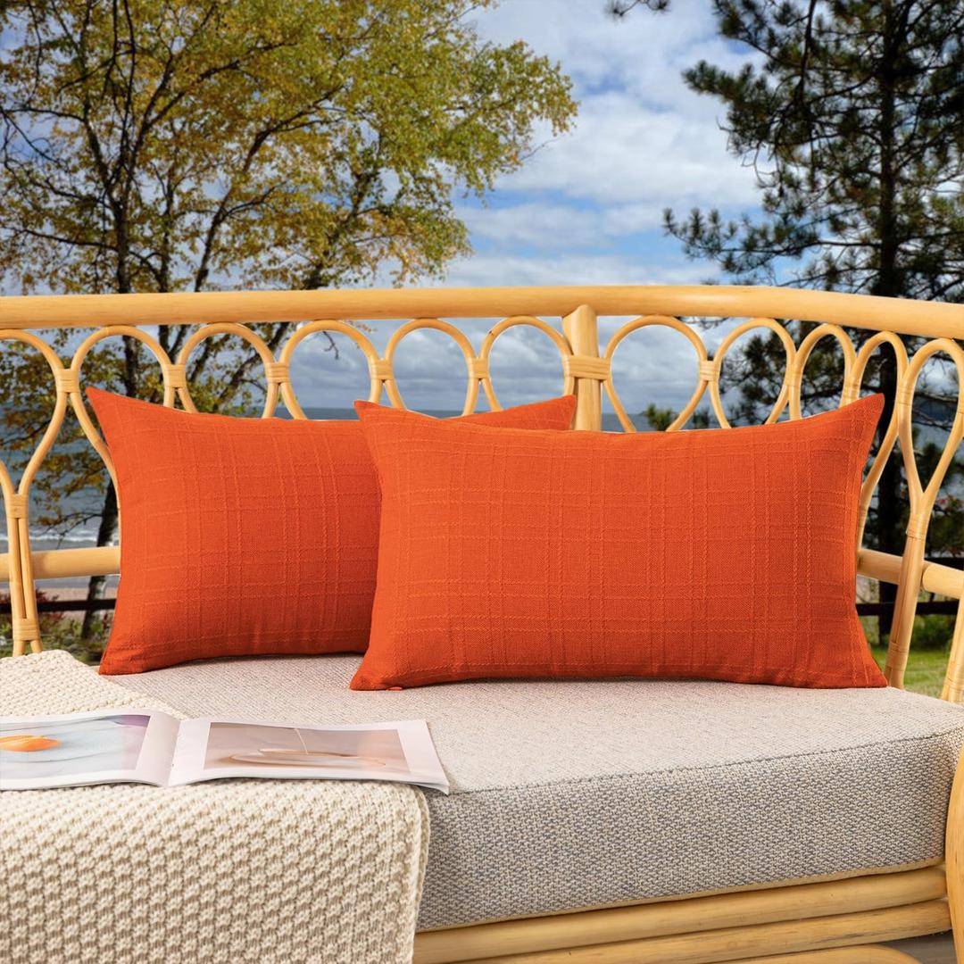 Kevin Textile Fall Outdoor Waterproof Throw Pillow Covers Decorative Farmhouse Water Resistant Checkered Cushion Covers for Tent Patio Garden Couch Sofa Pack of 2 (12x20 Inch Orange)