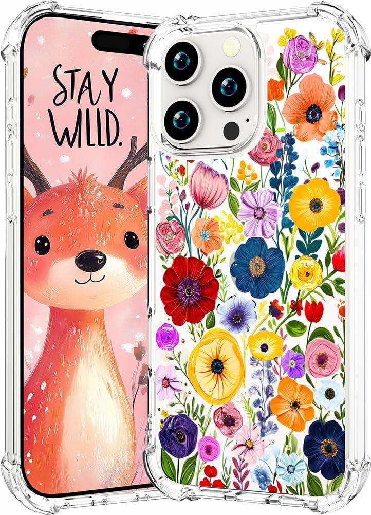 Compatible with iPhone 16 Pro Case Clear Cute for Women - Rugged Phone Cases Funda Protector Cover Skin (Pink Colorful Flower Ocean)