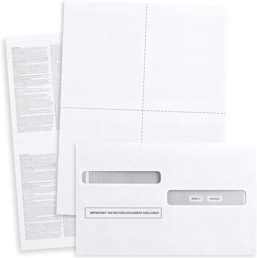 100 W2 Forms 2025 with Envelopes, Blank W2 4 UP Tax Forms, Compatible with QuickBooks, Sage and other programs, Ideal for E-Filing, Laser or Inkjet Printers, 100 Sheets and 100 Self Seal Envelopes