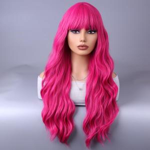 Hot Pink Wigs for Women Long Curly Wavy Neon Pink Wig with Bangs Rose Red Wig Heat Resistant Synthetic Wigs for Cosplay Costume Party