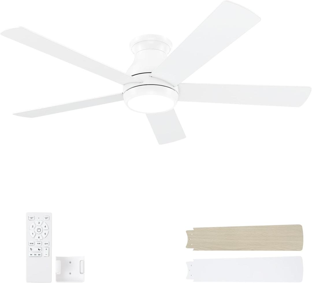 52 Inch White Ceiling Fans with Lights and Remote, LED Low Profile Flush Mount Ceiling Fan for Bedroom, Living Room, with Quiet DC Motor, Dimmable 6 Speeds