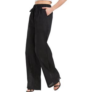 Zylioo Long Linen Pants for Women Tall, Linen Palazzo Pants 32-30 Inseam, Lightweight High Waisted Summer Pants for Ladies (Black)