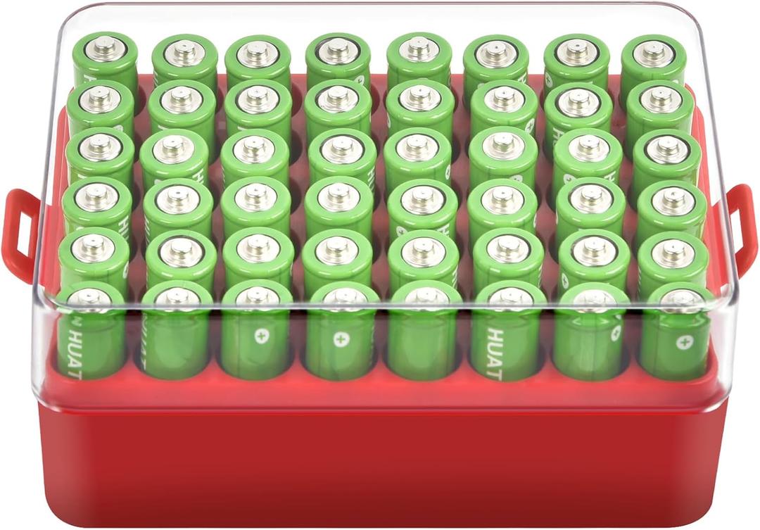 ALCYON Battery Organizer Storage Case, Battery Vault Box Container for 48pcs AA Batteries, Plastic Clear Protective Battery Holder for Travelling/Home/Office (Red, Large)