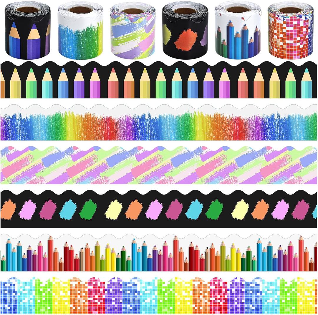 6 Rolls 196.8 Ft Decorative Crayon Border Set for Bulletin Board  Colorful Classroom Trim  Crayon, Pencil & Rainbow for Teachers, Schools & Office Decor -Perfect for Birthday, Back to School Theme