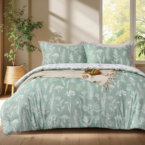 Joiedomi Queen Comforter Set, Sage Green 3 Pieces Floral Queen Bedding Set with 1 Soft Reversible Botanical Comforter and 2 Pillow Shams, Bed in a Bag for All Seasons