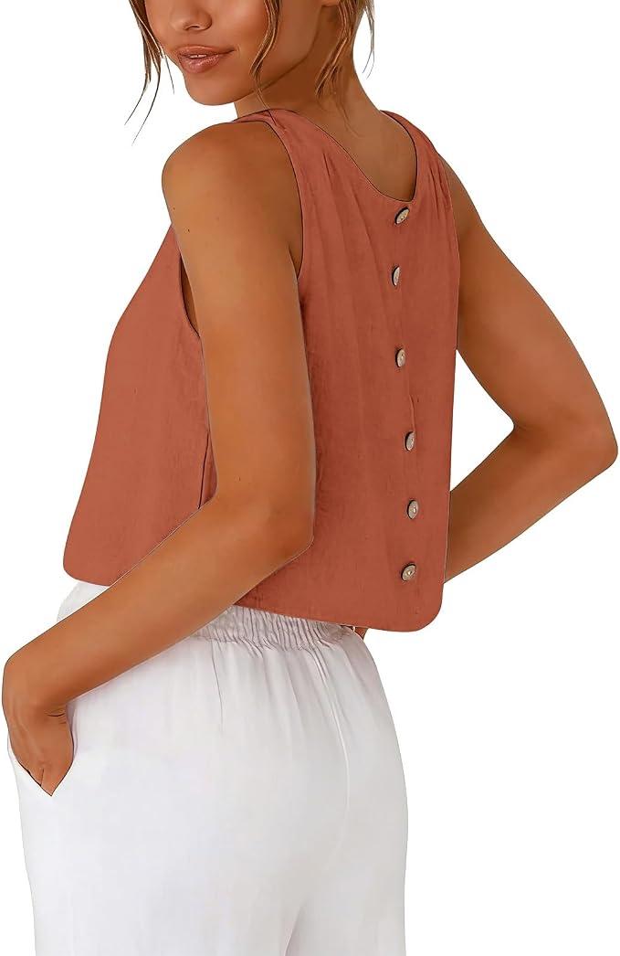 Tank Tops Women Cotton Linen Crop Top Round Neck Basic Vest Tops Women Solid Color Button Back Sleeveless Blouse Loose Fit Lightweight Breathable Crop Top Trendy For