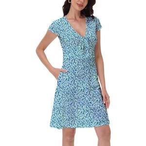 Women's Boho Summer Floral Short Sleeve Mini Dress Bow V Neck A Line Short Dresses (Blue, L)