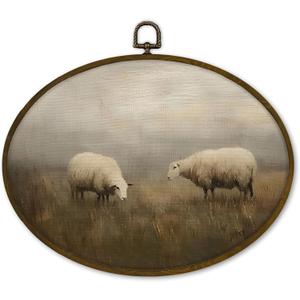 nvucamd Vintage Sheep Oval Wall Art Decor Framed, Easter Lamb Landscape Canvas Prints Wall Art, Rustic Farmhouse Sheep Hanging Decor for Nursery Bathroom Living Room, 11.3x8.7 Inch