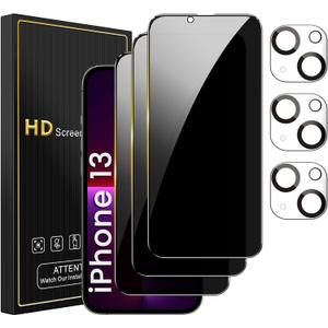 3 Pack Privacy Screen Protector for iPhone 13 6.1 Inch with 3 Pack Camera Lens Protector, Anti Spy Tempered Glass Film, Anti-Scratch, Touch Sensitive, Case Friendly
