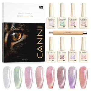 CANNI 8 Pcs 9 ML Cat Eye Gel Nail Polish Set, Pink Green Purple Silver Glitter Rainbow Holographic Cat Eye Gel Polish Kit with Magnet Shimmer Colors Nail Art Manicure Salon DIY Gifts
