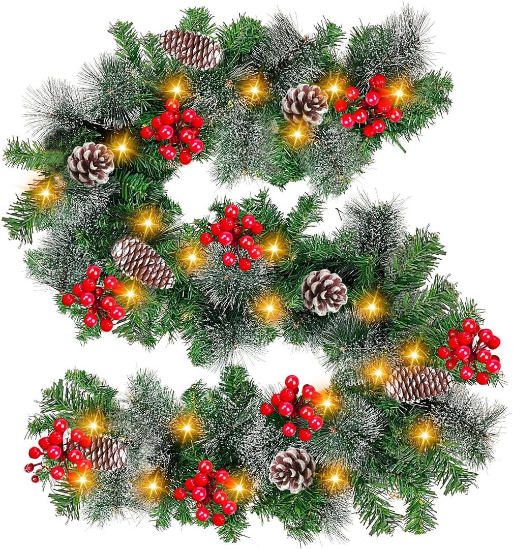 TURNMEON 6 Ft by 10 Inch Prelit Christmas Garland with Timer 30 Warm Lights 8 Pine Cone Snowy Bristle Pine 56 Berry Battery Operated Real Touch Cedar Garland Xmas Home Outdoor Indoor Fireplace Decor