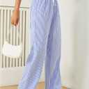 Women's Striped Print Straight Wide Leg Linen Pants Drawstring Waist Slant Pockets Pants Casual Long Pants (Blue, XL)