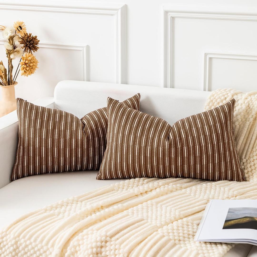 Kevin Textile Pack of 2 Farmhouse Decorative Throw Pillow Covers Boho Woven Texture Burlap Linen Cushion Cover Striped Pillowcase, Brown 12 x 20 inches 30 x 50 cm