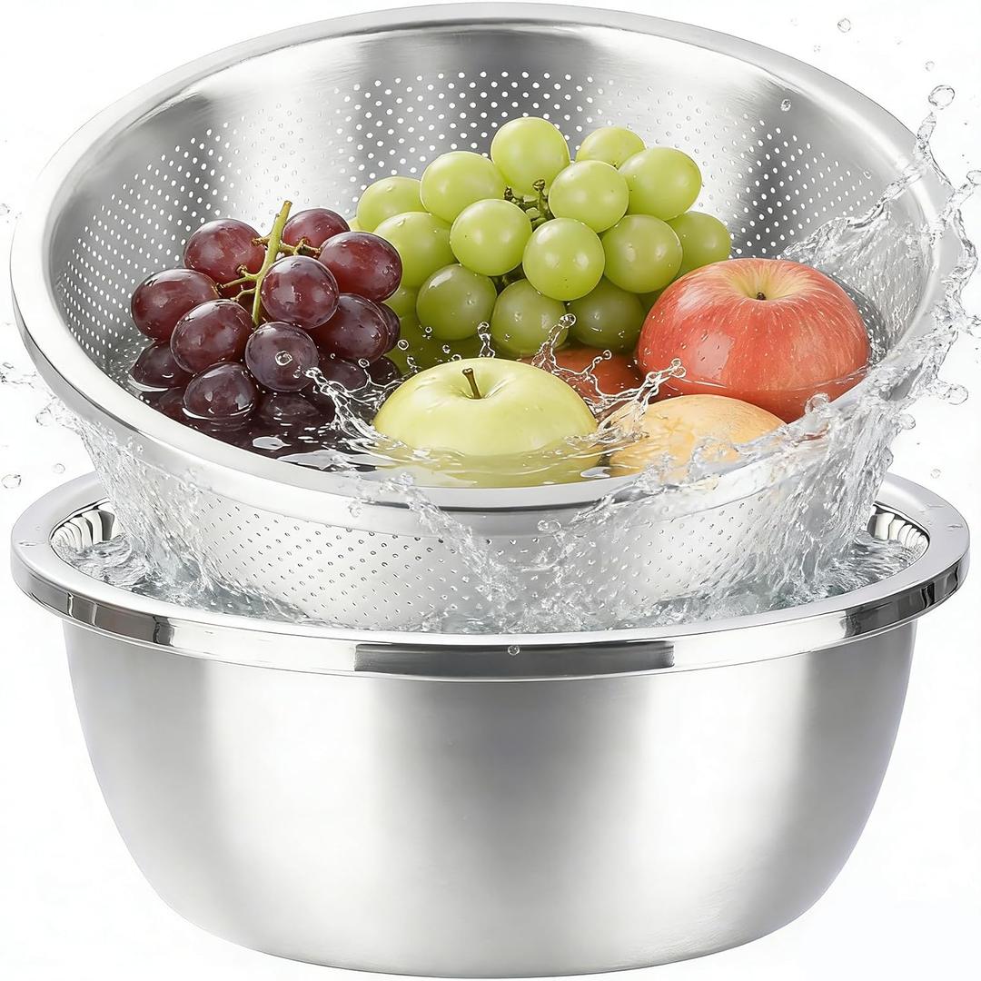 Colander and Bowl Set 6.0QT (2-in-1) - Thickened 304 Stainless Steel Kitchen Strainer Bowl for Fruit, Pasta, Vegetables, Rice - Heavy Duty, Induction Cooker & Dishwasher Safe