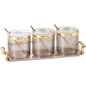 Acrylic Condiment Spice Jars,Condiment Spice Box With Lids and Spoons and Tray, Clear Plastic Condiment Canisters, Seasoning Box 3 Pack, Seasoning Box Set for Kitchen to Storage Salt, Paprika, Sugar